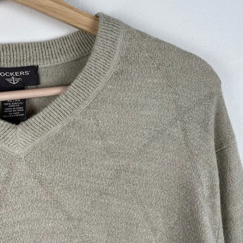 y2k Dockers Mens Cream Diamond Plaid Grandpa Sweater V Neck - Size XL